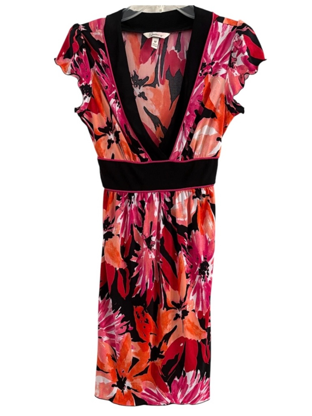 Speechless Y2K Pink Orange Black Floral V-Neck Tie Back Mini Dress Size M
